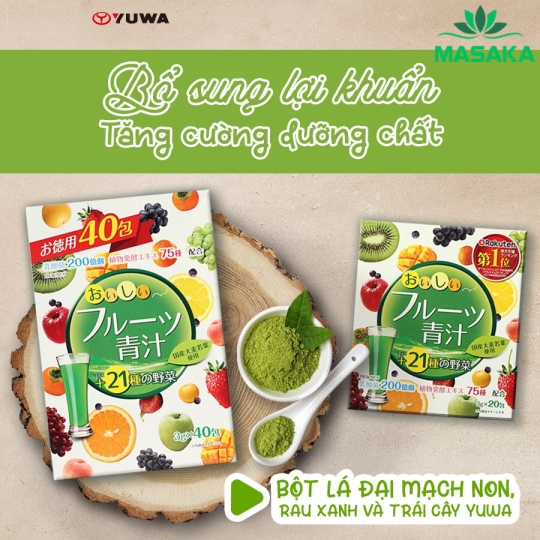 BỘT LÁ ĐẠI MẠCH NON, RAU XANH VÀ TRÁI CÂY YUWA (HỘP 20 GÓI)