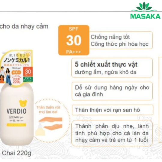 GEL CHỐNG NẮNG DỊU NHẸ CHO DA NHẠY CẢM OMI VERDIO SPF30 PA+++ 220G - OMI BROTHERS