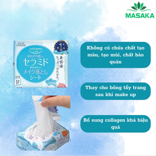 KHĂN ƯỚT TẨY TRANG DƯỠNG ẨM DA BỔ SUNG CERAMIDE SOFTYMO GÓI REFILL 52 MIẾNG