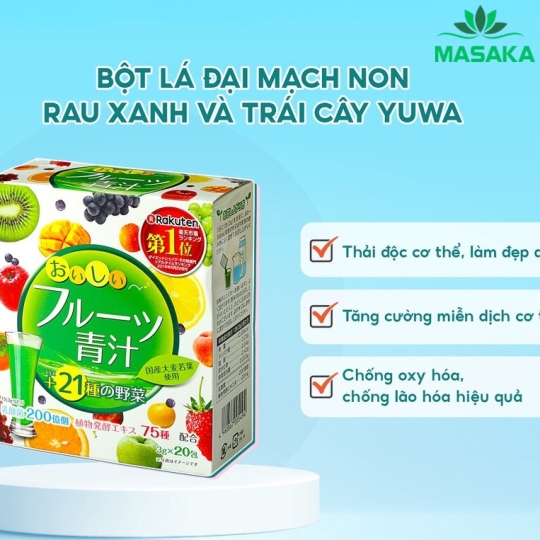 BỘT LÁ ĐẠI MẠCH NON, RAU XANH VÀ TRÁI CÂY YUWA (HỘP 20 GÓI)
