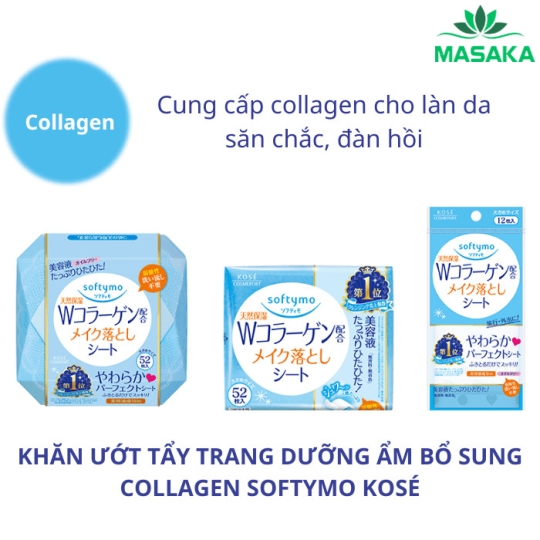 KHĂN ƯỚT TẨY TRANG DƯỠNG ẨM DA BỔ SUNG COLLAGEN SOFTYMO 12 MIẾNG